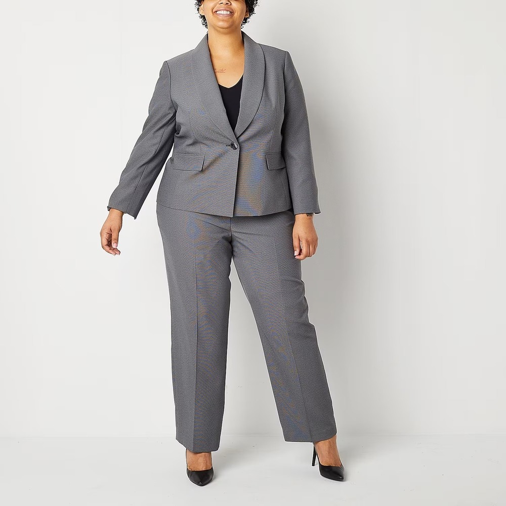 MSRP $160 Le Suit Womens 14W Grey 2 Piece Straight Leg Pant Suit